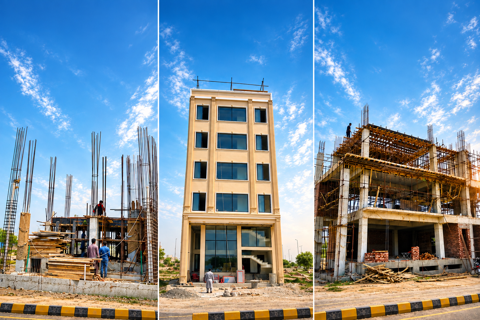 Three commercial plaza buildings under construction — CCS43, CCS44 and CCS10 — shown at different stages of structural and finishing work