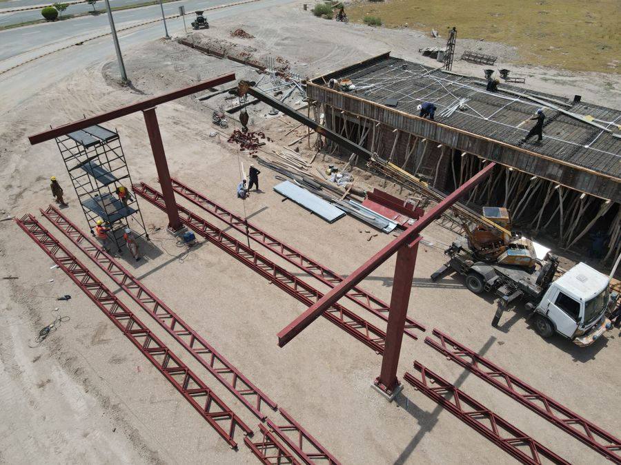 Aerial view of steel structure and site work