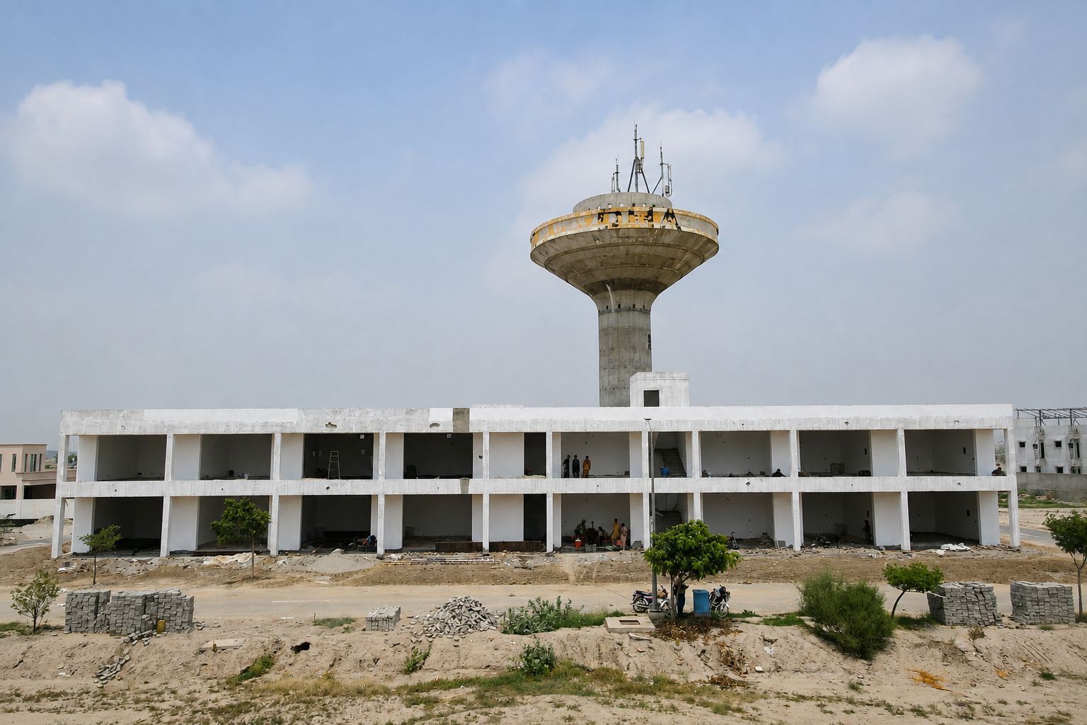 Utility shops under construction in Sector M showing structural work within an active outdoor work environment